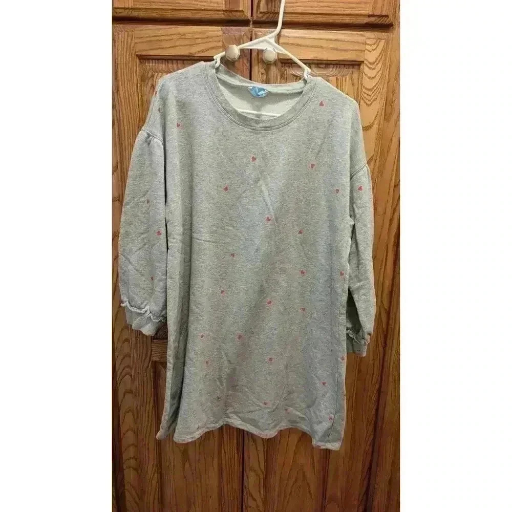 Women's long sweatshirt dress w/ puffed sleeves & small heart print detail XL - Picture 2 of 7